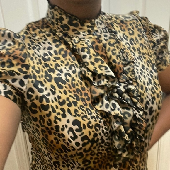 Worthington blouse woman’s cheetah print high neckline ruffle button top Sz XL - Picture 8 of 8